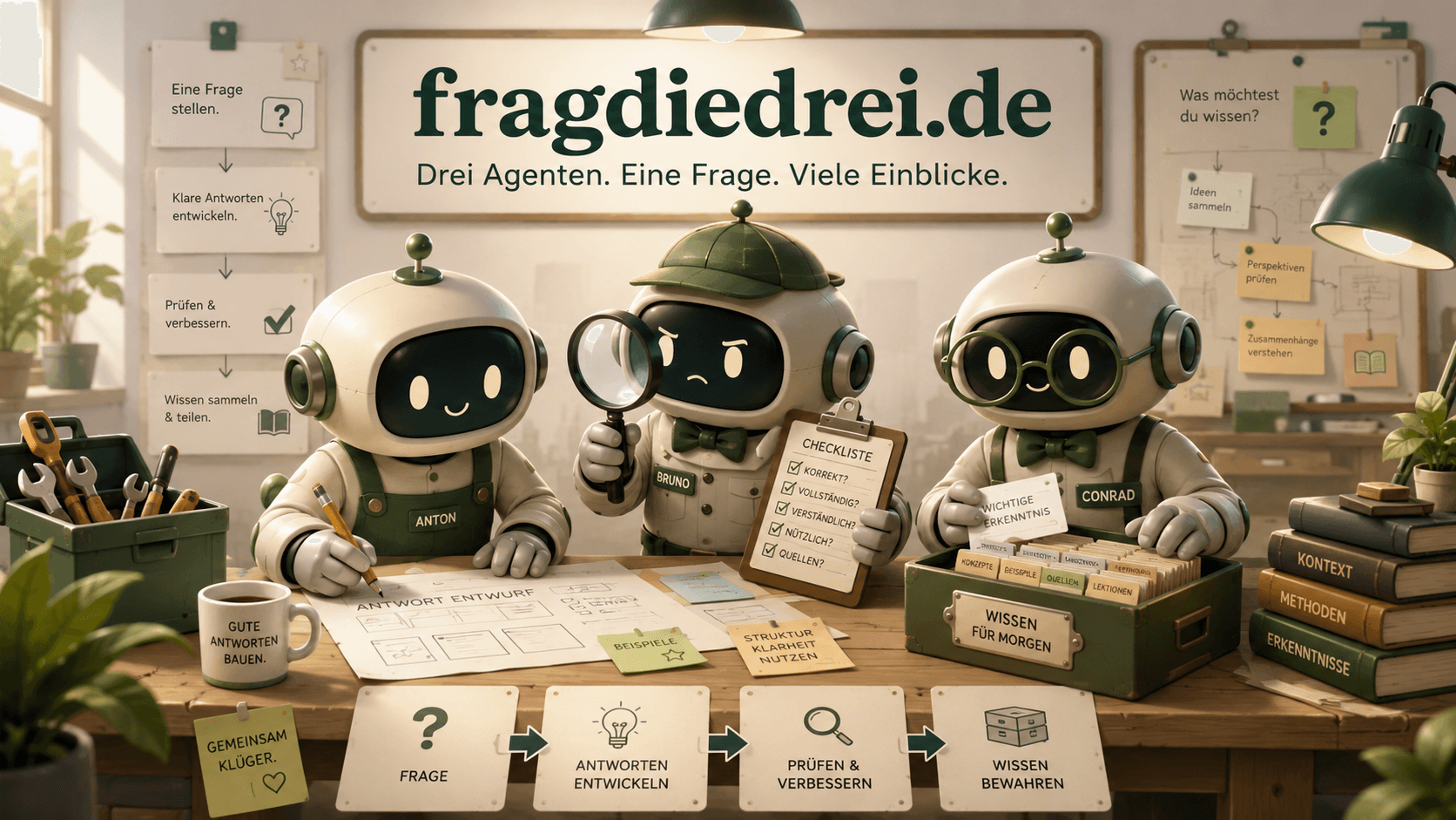Anton, Bruno und Conrad in der Werkstatt von fragdiedrei.de